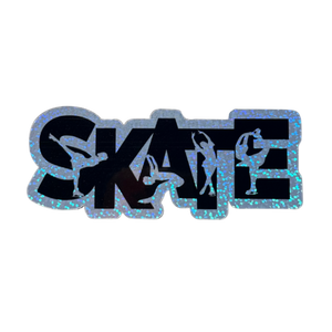 Black 'SKATE' decal with skater illustrations on a white background