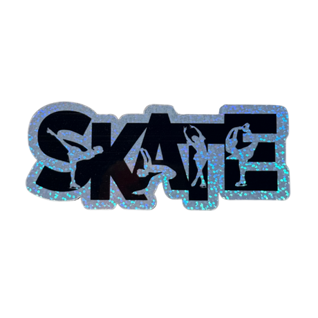 Black 'SKATE' decal with skater illustrations on a white background